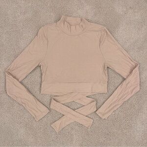 PacSun XS Ribbed Crop Sweater Mock Turtleneck tie back long sleeve cream beige
